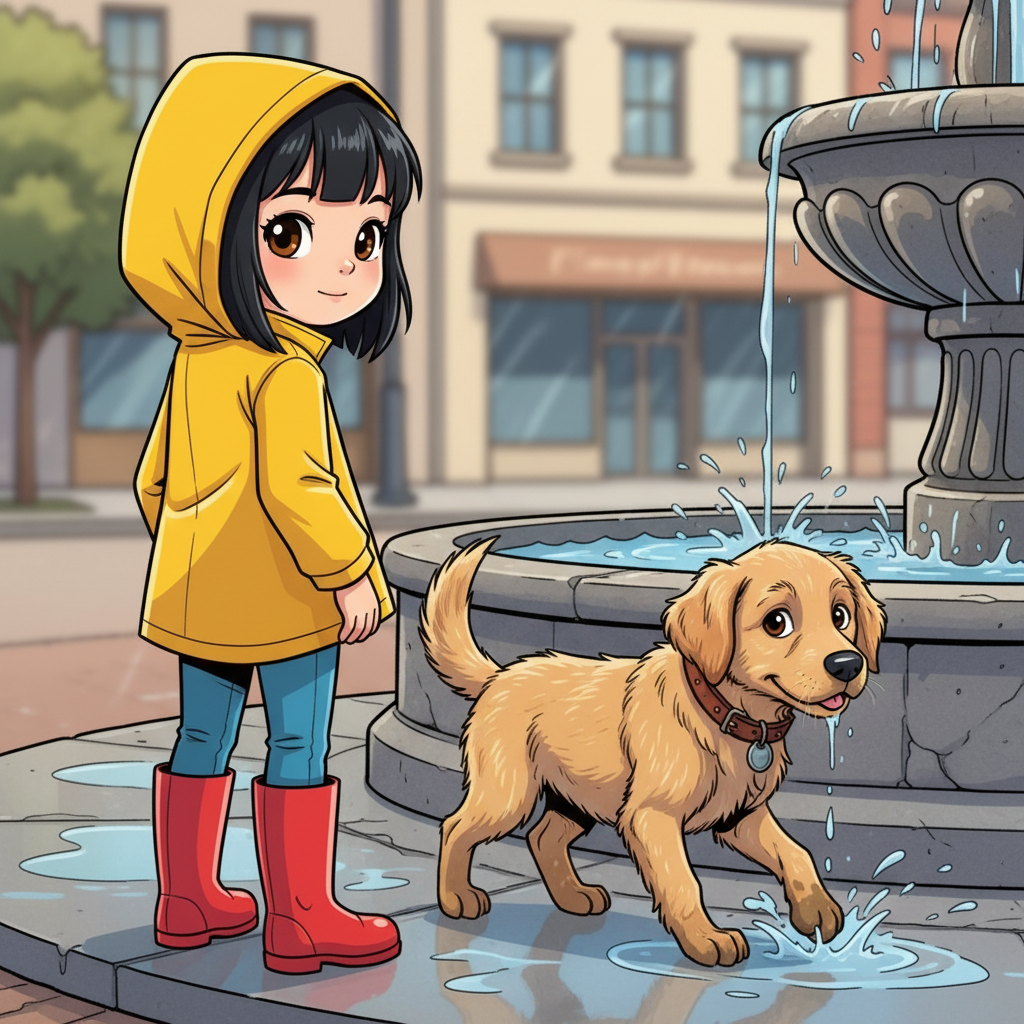 Maya and the Golden Paw — page 2 panel 1: They pause by the town fountain, the puppy playfully splashing its paws in the water, momentarily forgetting its predicament. Maya watches, a small smile on her face, before resuming their search.