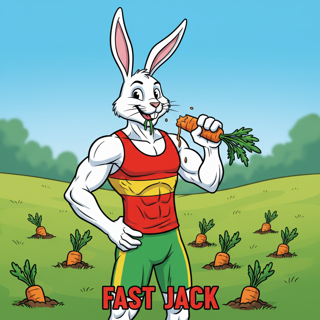 The Meadow Race: Slow and Steady Wins — page 2 panel 1: Hare has stopped by a patch of juicy carrots. He's happily munching away, completely relaxed, the race far from his mind. A half-eaten carrot is in his paw.
