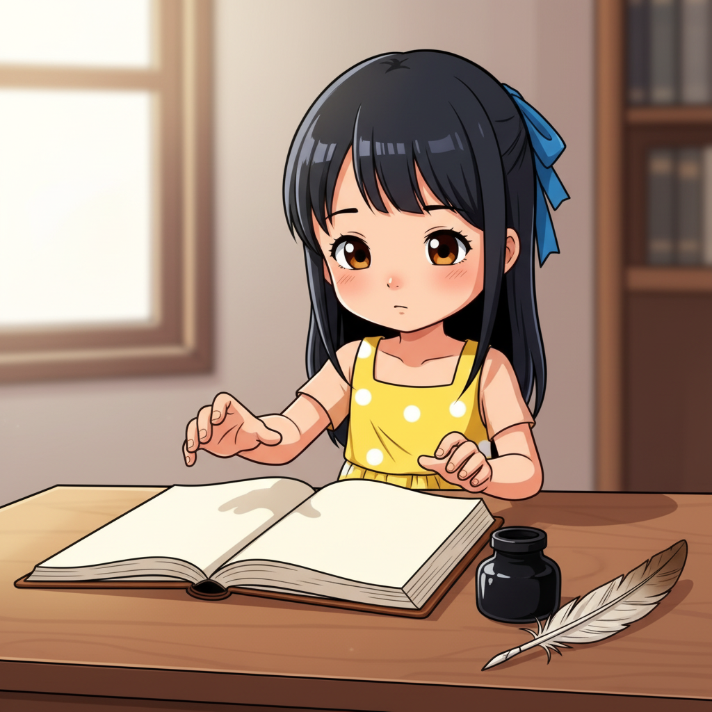 The Weaver of Worlds — page 2 panel 1: Emma sits at a small, antique writing desk in the attic, a new, blank journal open before her. Her hand hovers over the pristine page, a mix of excitement and daunting fear in her expression. The weight of 'saving worlds' feels immense.