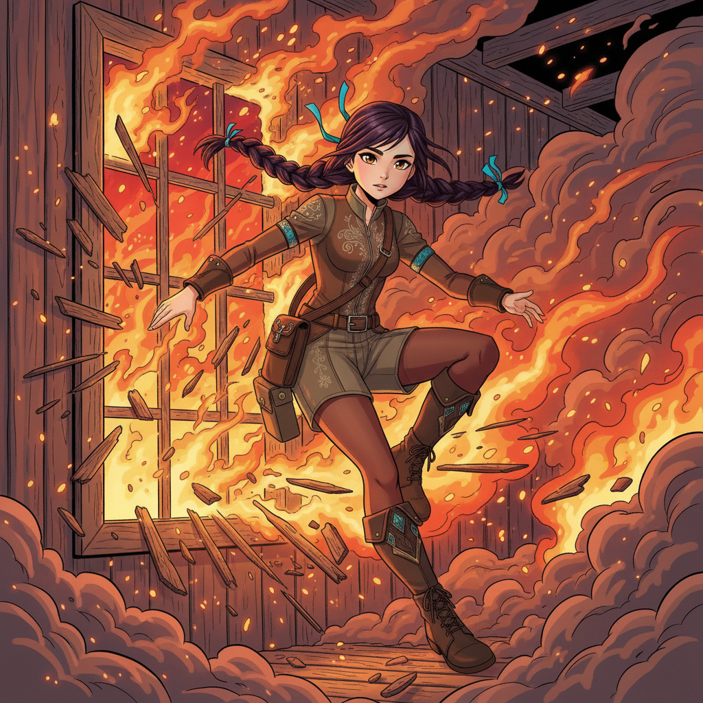The Sky-Rider's Rescue — page 2 panel 1: With a burst of adrenaline, Skye crashes through a burning window frame, shards of wood and sparks flying. She lands inside the inferno, immediately engulfed by heat and smoke, her determination unwavering.