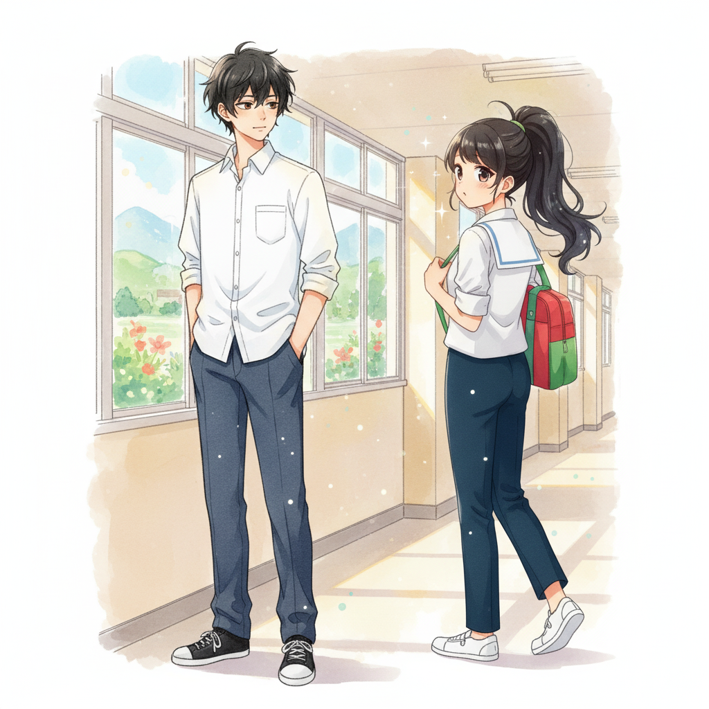 Semester Baru, Awal yang Baru — page 2 panel 1: Raka menghela napas, membuat keputusan. Saat itu, Lia, sahabatnya, melintas sambil menyapa ceria, memberinya sedikit dorongan tak langsung.