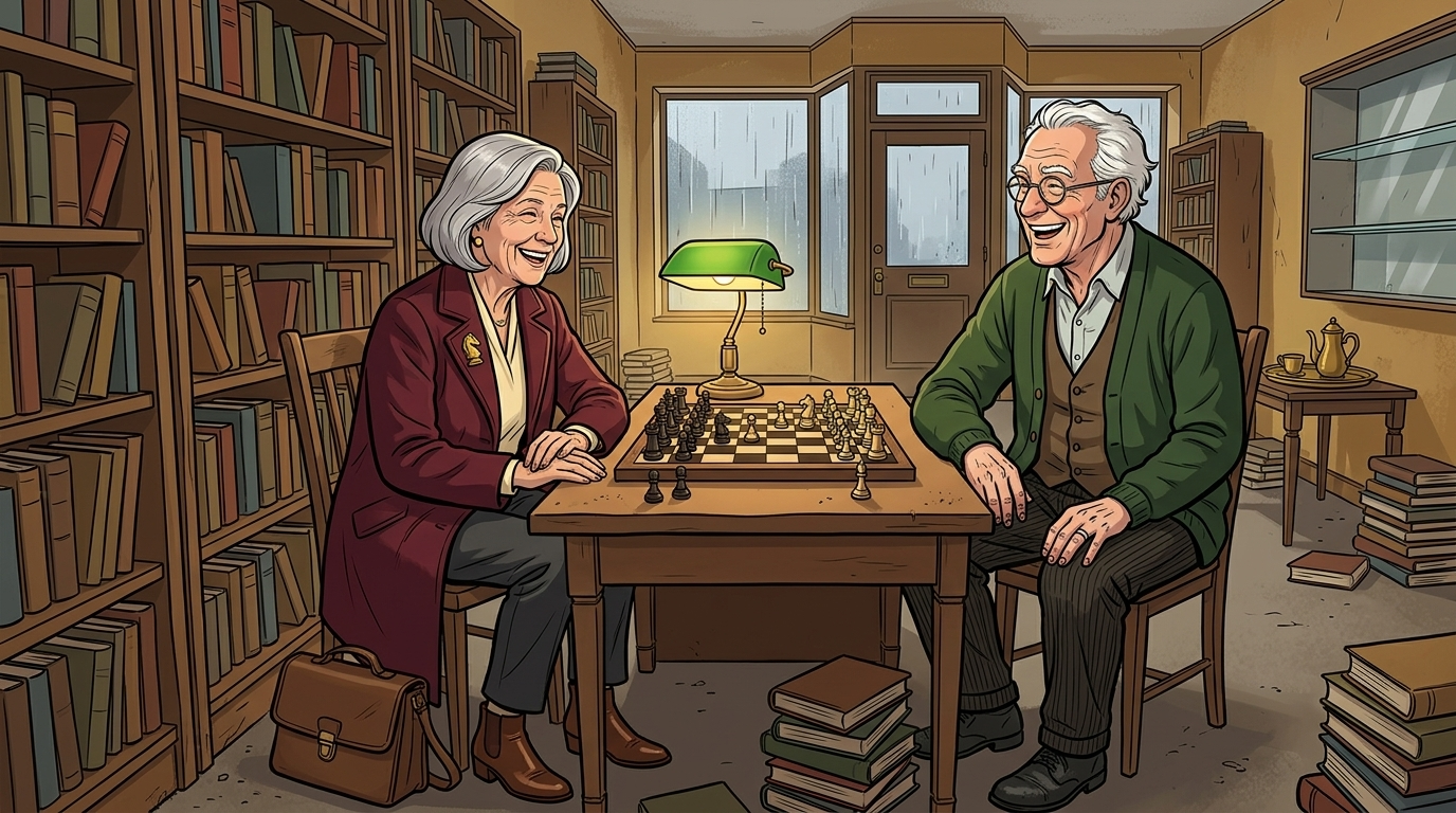 The Last Deliberate Draw — page 2 panel 1: The accusation collapses into laughter when both remember the same absurd distraction from the final match.