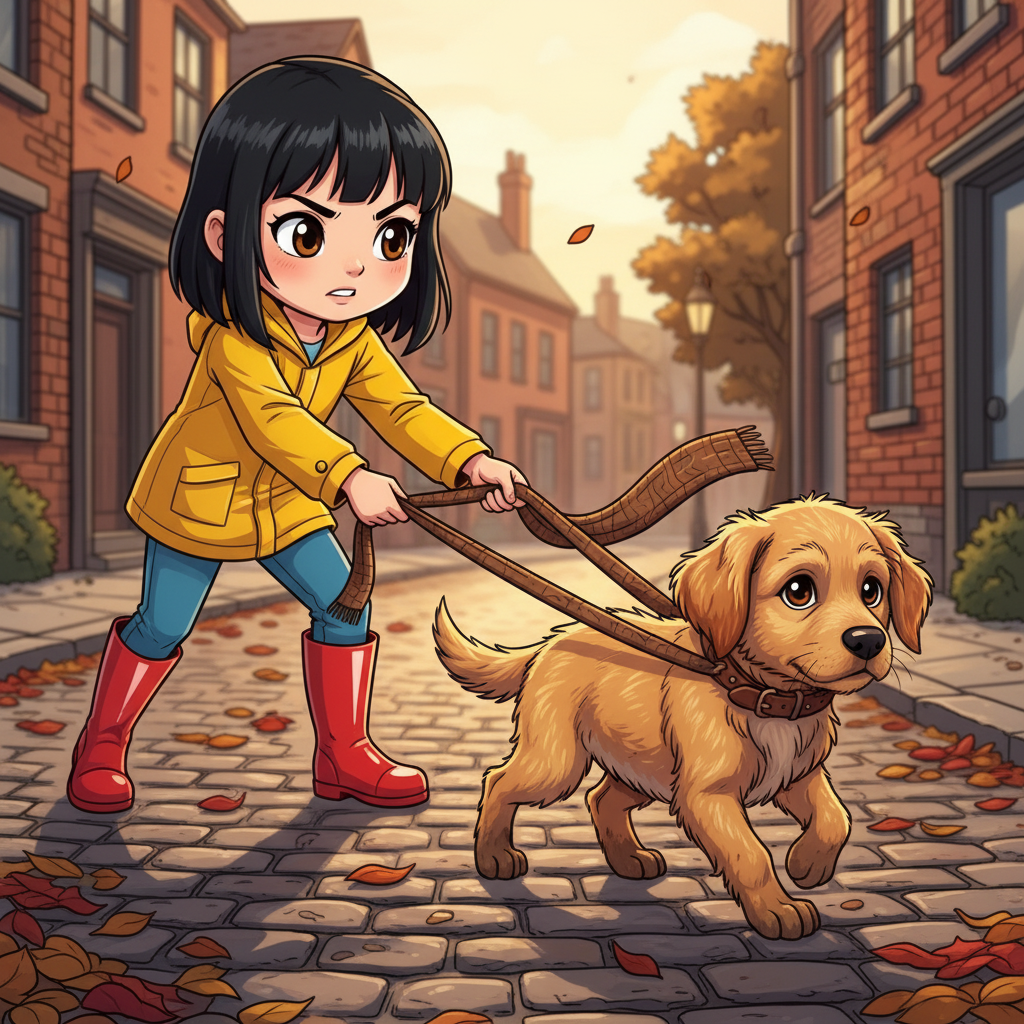 Maya and the Golden Paw — page 2 panel 2: The journey continues, Buddy now leading the way with a sudden burst of energy, pulling gently on his leash as if sensing they are closer to home. Maya follows, a surge of hope lifting her spirits.