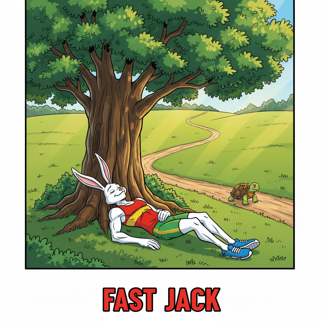 The Meadow Race: Slow and Steady Wins — page 2 panel 2: After his snack, Hare finds a shady spot under a grand oak tree and drifts off to sleep, snoring softly. The sun dapples through the leaves. Far in the distance, a tiny green shape (Tortoise) is barely visible, steadily approaching.