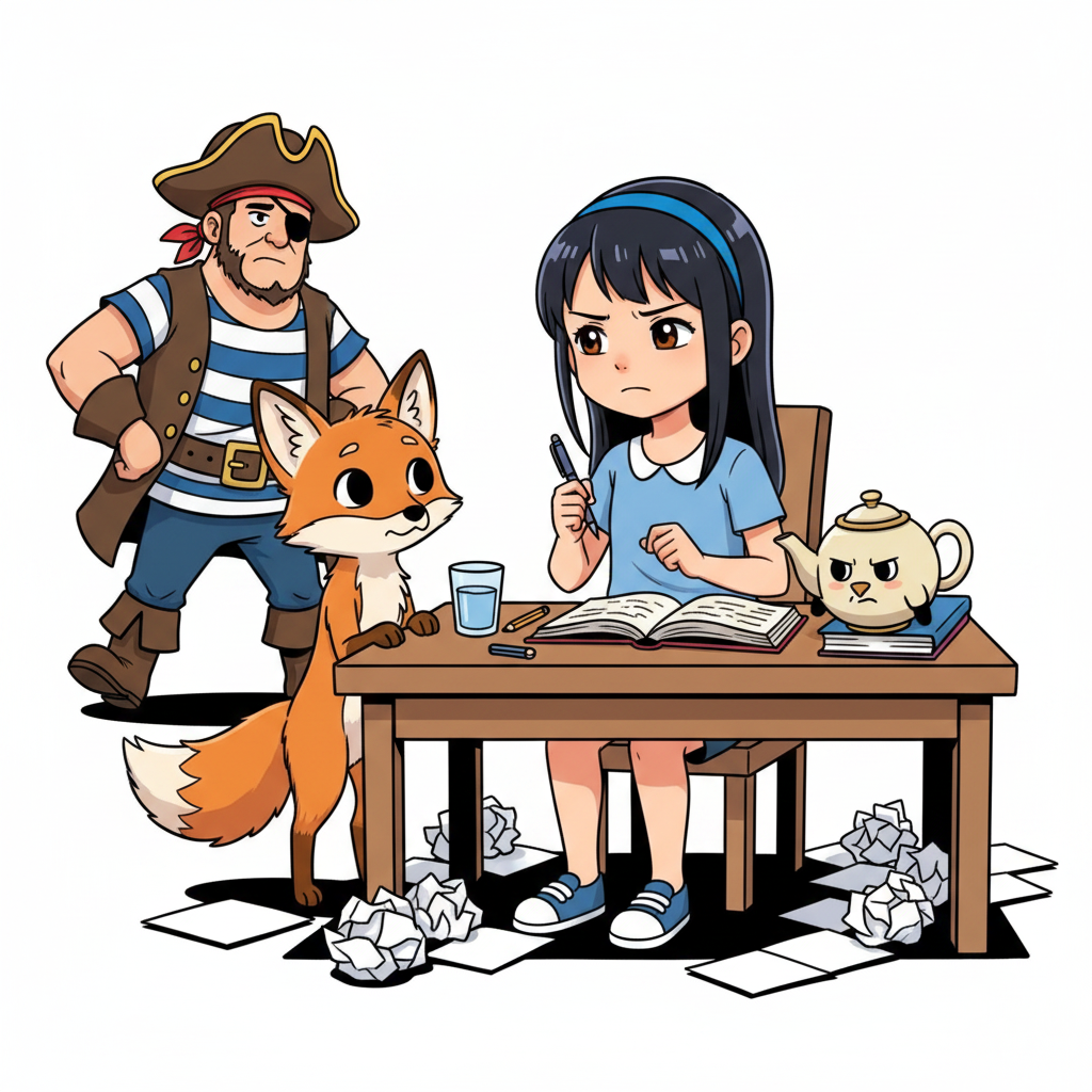 The Weaver of Worlds — page 2 panel 2: Days turn into nights. Emma struggles, surrounded by crumpled papers. Flicker offers quiet advice, Captain Rourke paces impatiently, and Pip tries to cheer her with off-key songs. But the blank page remains a formidable foe.