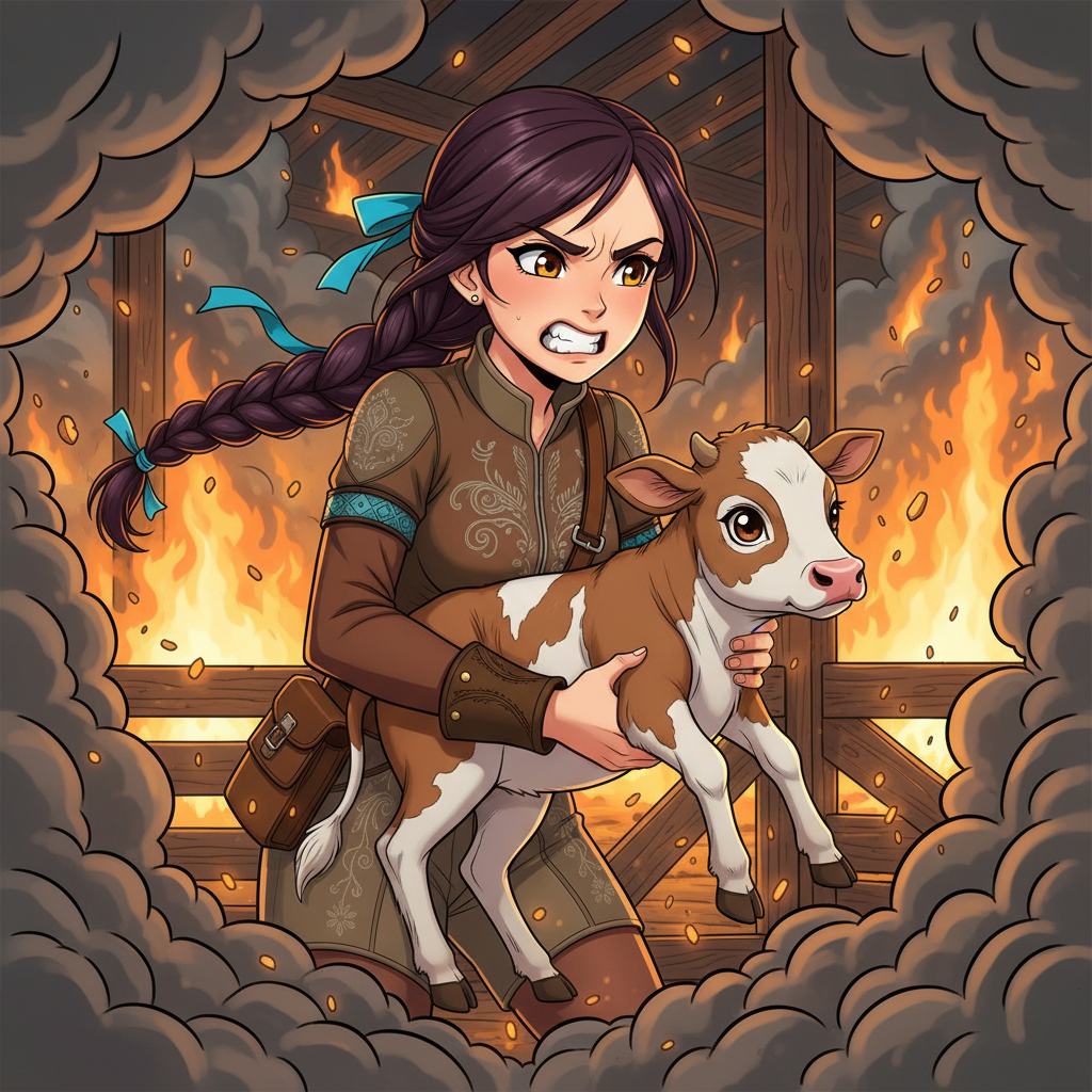 The Sky-Rider's Rescue — page 2 panel 2: Inside the barn, Skye struggles to lift the frightened calf. The heat is immense, the smoke chokes her lungs, and the calf is surprisingly heavy, but she grunts with effort, refusing to give up.