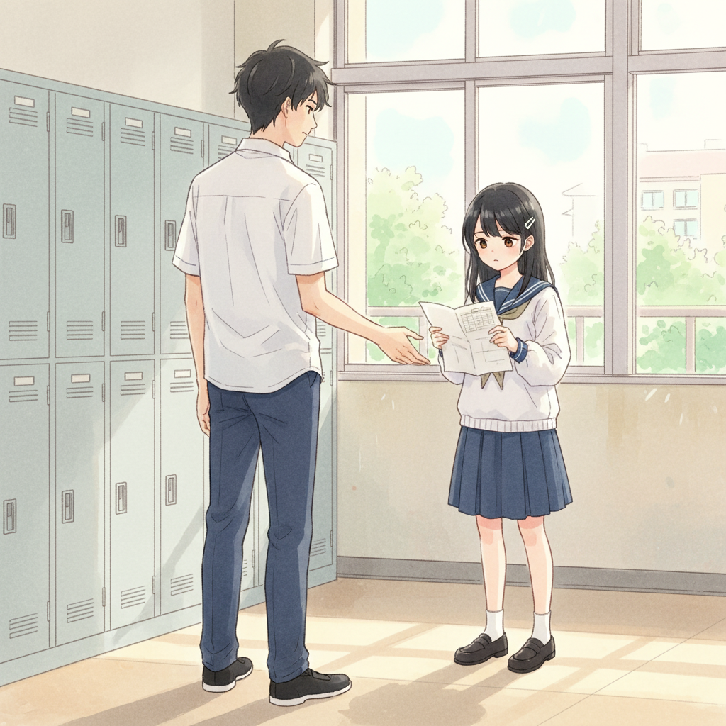 Semester Baru, Awal yang Baru — page 2 panel 2: Raka mendekati Dina yang masih terpaku pada jadwalnya. Dina belum menyadari kehadirannya, masih tenggelam dalam kebingungan.