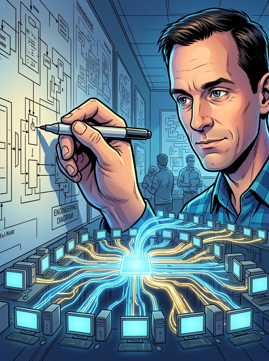 The Man Who Built Google's Brain — page 2 panel 2: A detail shot shows data flowing through many small machines and converging into one powerful result. The concept feels larger than the room.
