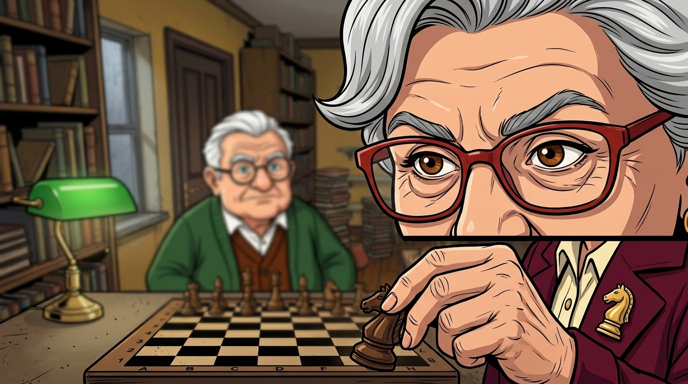 The Last Deliberate Draw — page 2 panel 2: They play one last quick game. Elena spots a winning path, then quietly chooses the move that seals a draw.