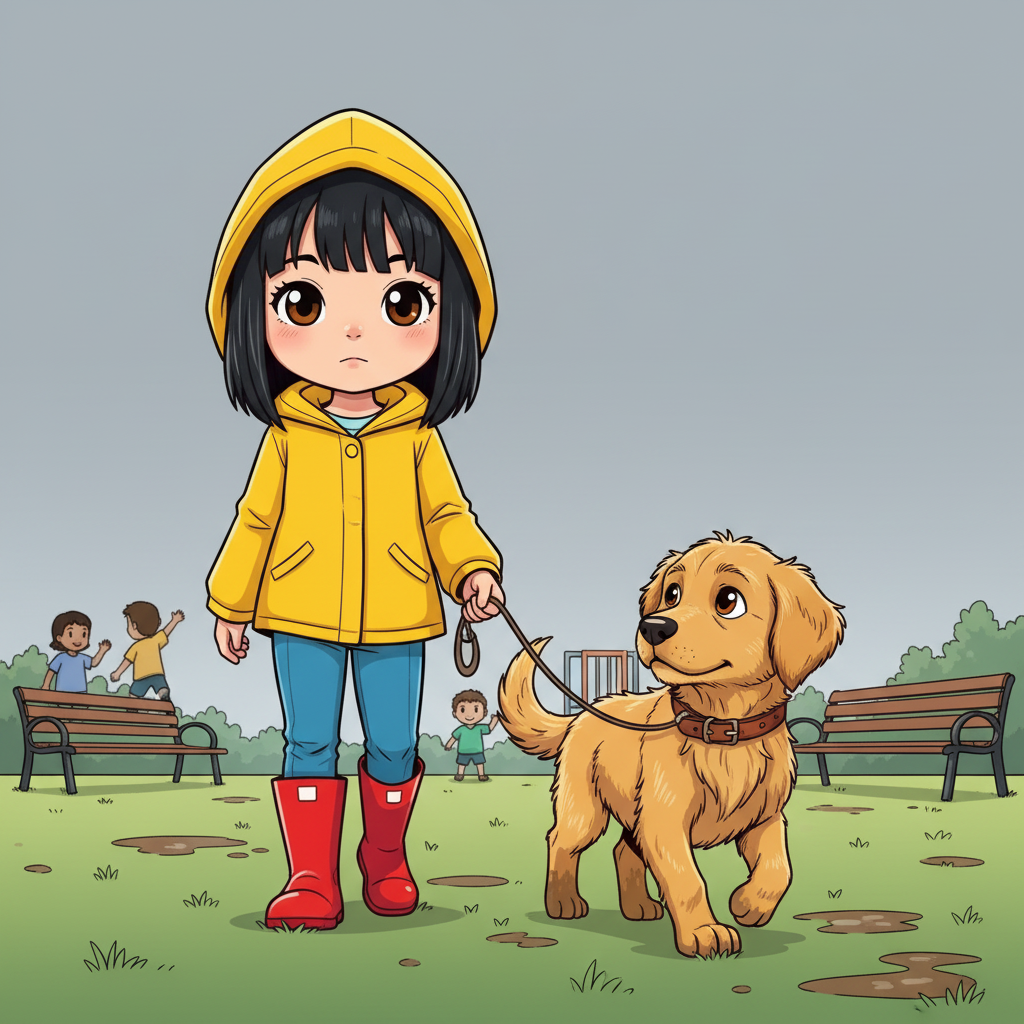 Maya and the Golden Paw — page 2 panel 3: They pass by the town park, where two children are still playing despite the dampness. Maya and Buddy are just a blur in their world, their quest unseen by others.