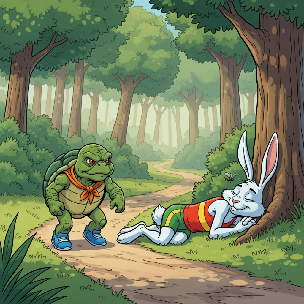 The Meadow Race: Slow and Steady Wins — page 2 panel 3: The Tortoise, still moving at his consistent pace, slowly and silently passes the sleeping Hare. A fly buzzes lazily near Hare's nose, but he remains undisturbed. The Tortoise glances briefly, then refocuses on the path.