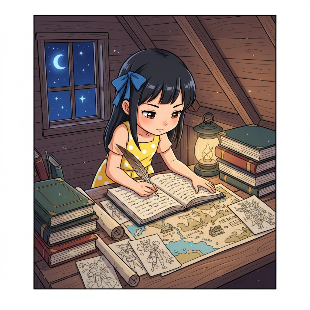 The Weaver of Worlds — page 2 panel 3: A montage of Emma's efforts: late nights, books open around her, her brow furrowed in concentration. She sketches characters, scribbles ideas, sometimes smiles, sometimes sighs, slowly filling the pages.
