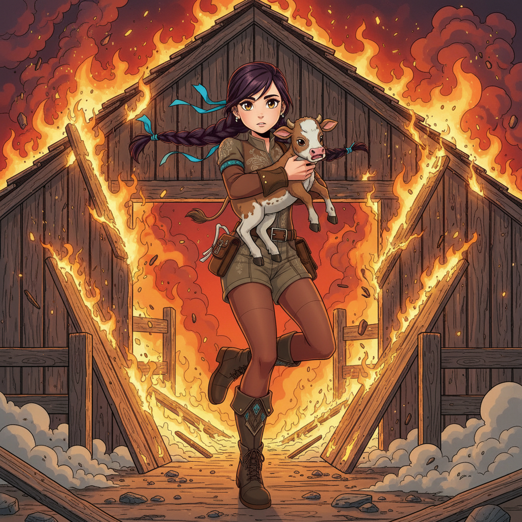 The Sky-Rider's Rescue — page 2 panel 3: With a final surge of strength, Skye leaps out of the barn's collapsing doorway, the calf cradled securely in her arms. Behind them, massive timbers groan and crack, the roof beginning its final, destructive collapse.