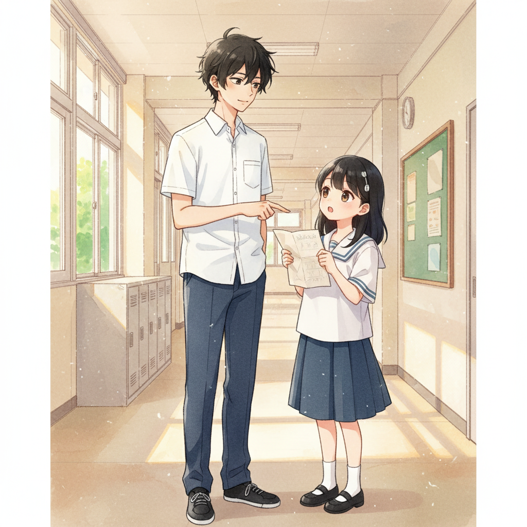 Semester Baru, Awal yang Baru — page 2 panel 3: Raka kini berdiri di samping Dina, menawarkan bantuan. Dina mendongak, terkejut namun matanya memancarkan sedikit harapan.