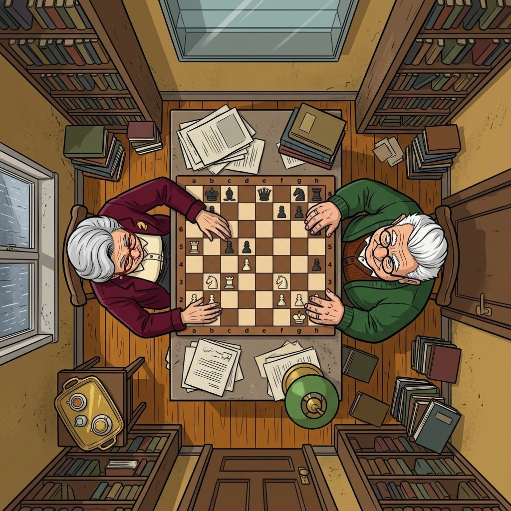 The Last Deliberate Draw — page 2 panel 3: The final position is balanced. Elena and Viktor exchange a knowing glance, deliberately agreeing to the draw neither truly needed.