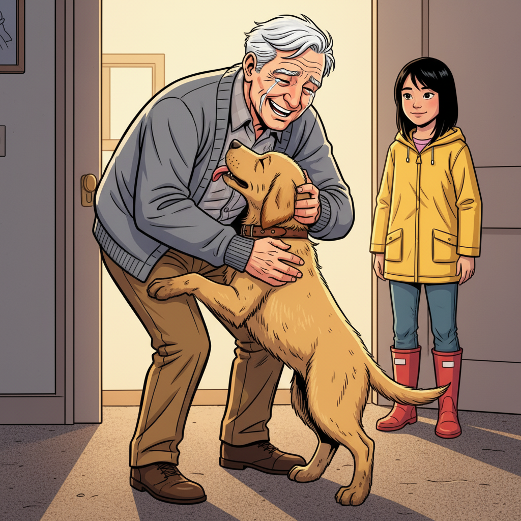 Maya and the Golden Paw — page 3 panel 1: Buddy, with a joyful bark, leaps into the man's arms, who embraces him tightly, tears streaming down his face. The despair of three days is washed away in an instant of overwhelming joy.
