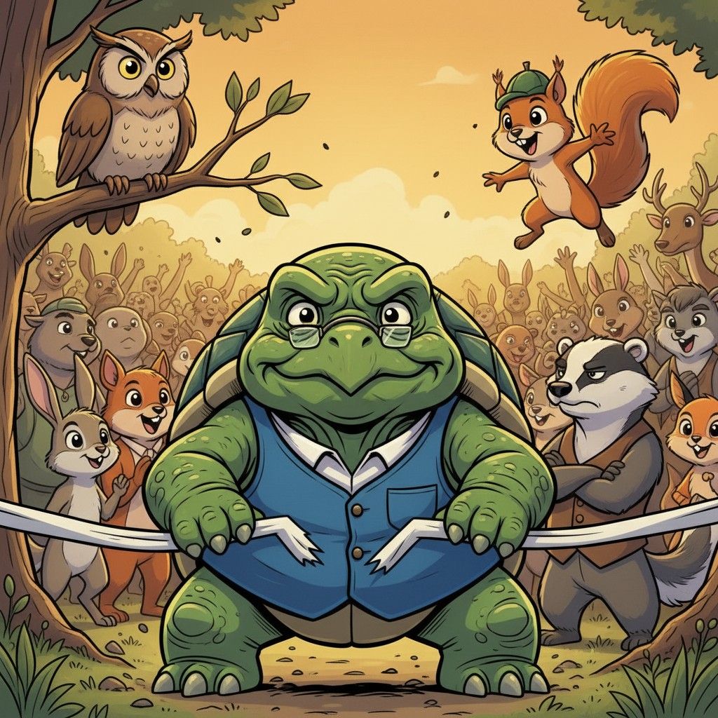 The Meadow Race: Slow and Steady Wins — page 3 panel 1: The Tortoise, with a final, deliberate step, crosses the finish line, breaking the ribbon with his nose. The crowd erupts in cheers, and he looks up, a quiet sense of accomplishment in his wise eyes.