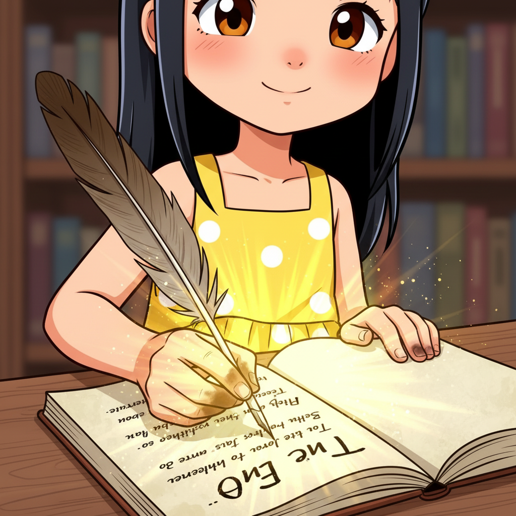 The Weaver of Worlds — page 3 panel 1: CLIMAX: Emma's hand, smudged with ink, writes the final word of her story. A powerful surge of energy emanates from the completed page, filling the attic with a brilliant, warm light. Her story is done.