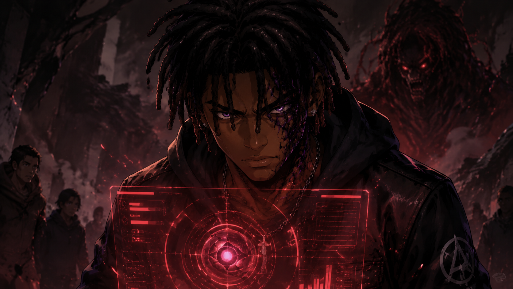 ZERO RANK — Episode 1: Rank Zero — page 3 panel 1: The hidden ability identifies itself: Devour — Level 1, with an absorption rate of 1%. Malik Cross does not understand it, but he understands the choice before him.