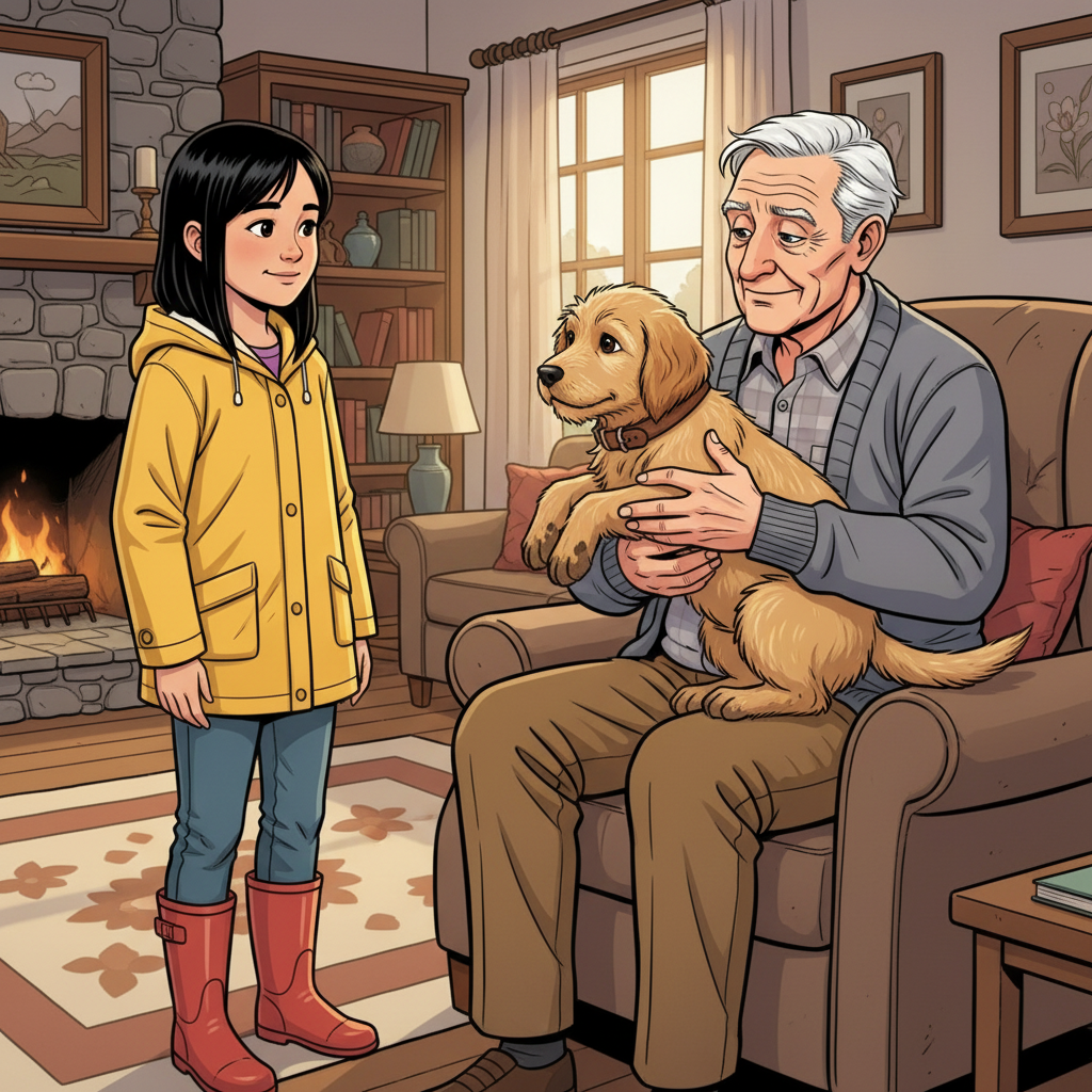 Maya and the Golden Paw — page 3 panel 2: Mr. Henderson, still holding Buddy, looks at Maya with profound gratitude. Buddy wags his tail furiously, happy to be home. Maya feels a quiet warmth spreading through her.