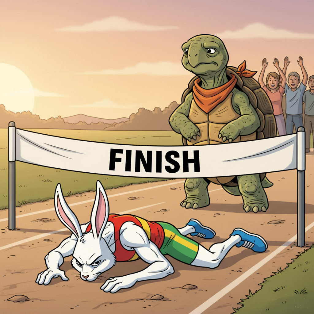 The Meadow Race: Slow and Steady Wins — page 3 panel 2: Hare skids to a halt, utterly defeated, just a few feet short of the finish line. He's panting, head bowed in shame and exhaustion. The Tortoise is being congratulated by the cheering crowd in the background.