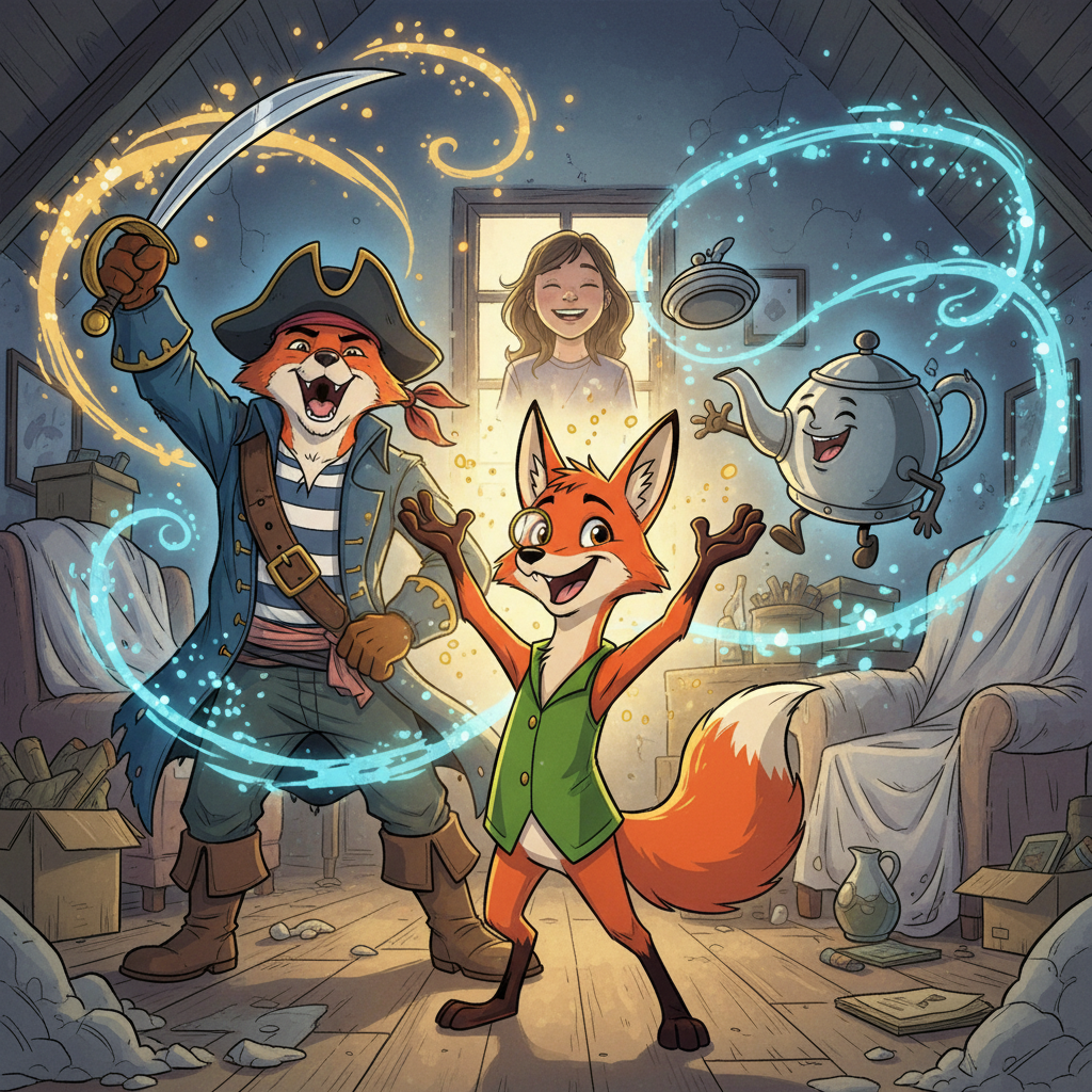 The Weaver of Worlds — page 3 panel 2: Flicker, Captain Rourke, and Pip cheer wildly, their forms glowing brighter than ever. The attic is bathed in the vibrant, restored magic, and their relief is palpable.