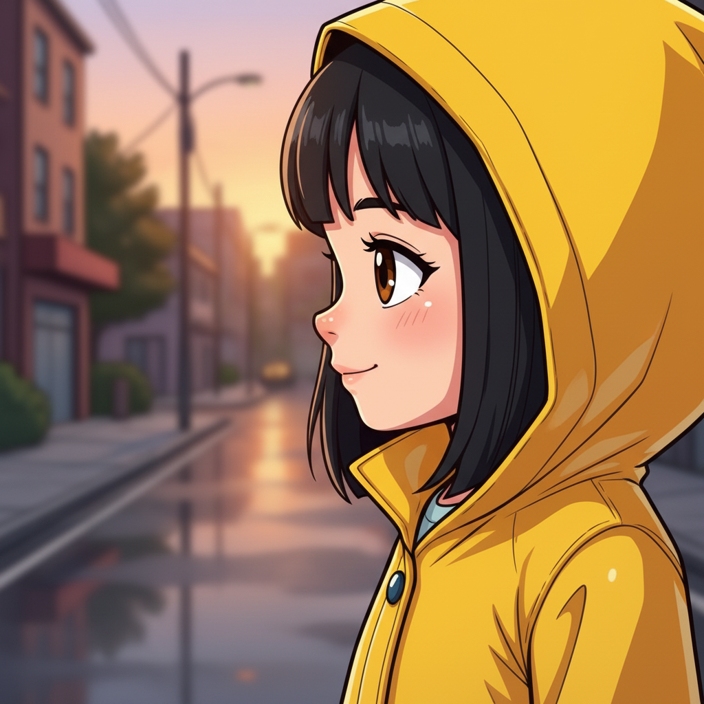 Maya and the Golden Paw — page 3 panel 3: Maya, her mission accomplished, turns to leave, a quiet, contented smile on her face. The rain has stopped, and a soft evening glow bathes the street.