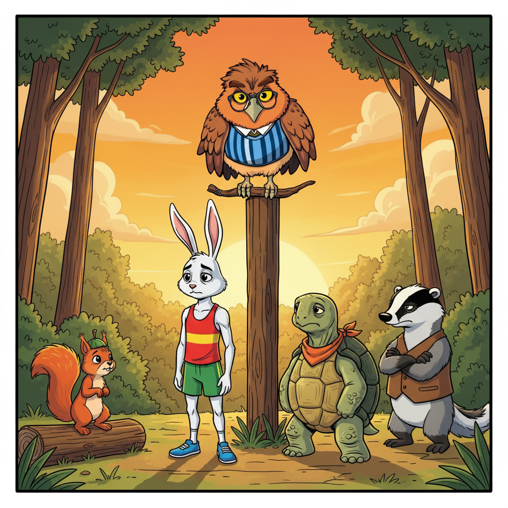 The Meadow Race: Slow and Steady Wins — page 3 panel 3: Owl, perched on the finish line post, addresses the assembly, his wise eyes looking directly at the humbled Hare. The crowd listens intently.