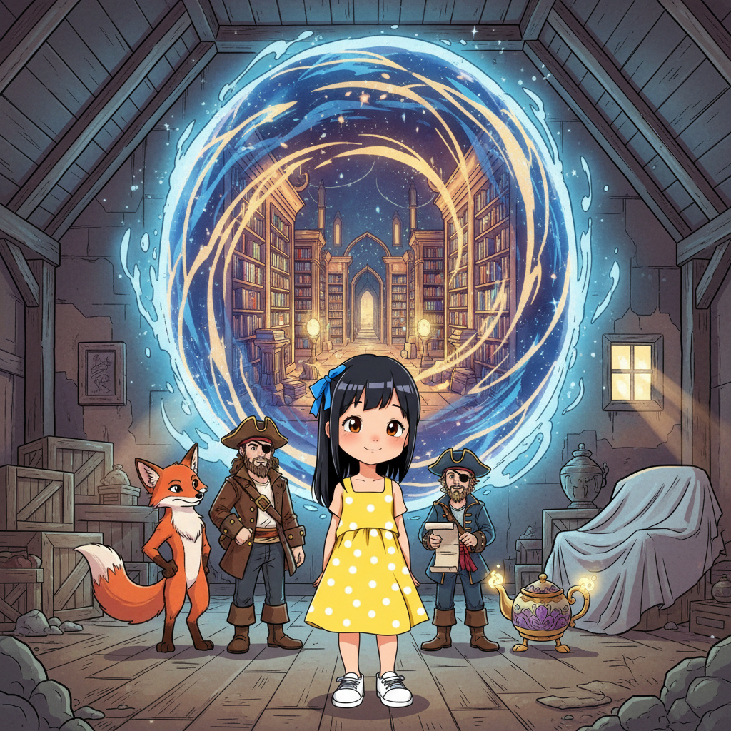 The Weaver of Worlds — page 3 panel 3: Emma stands, looking out at the now fully restored and shimmering Library of Worlds, visible through a magical portal that has opened in the attic. It's a breathtaking sight, pulsing with life and countless stories. She feels a profound sense of accomplishment.