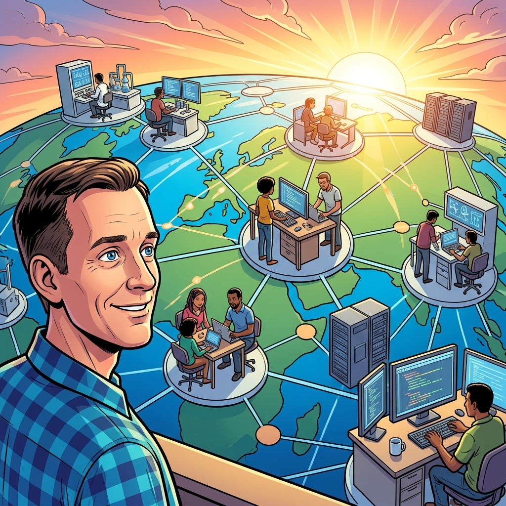 The Man Who Built Google's Brain — page 3 panel 3: A vast network of developers and researchers uses the tools Jeff Dean helped create. His influence stretches far beyond the original startup office.