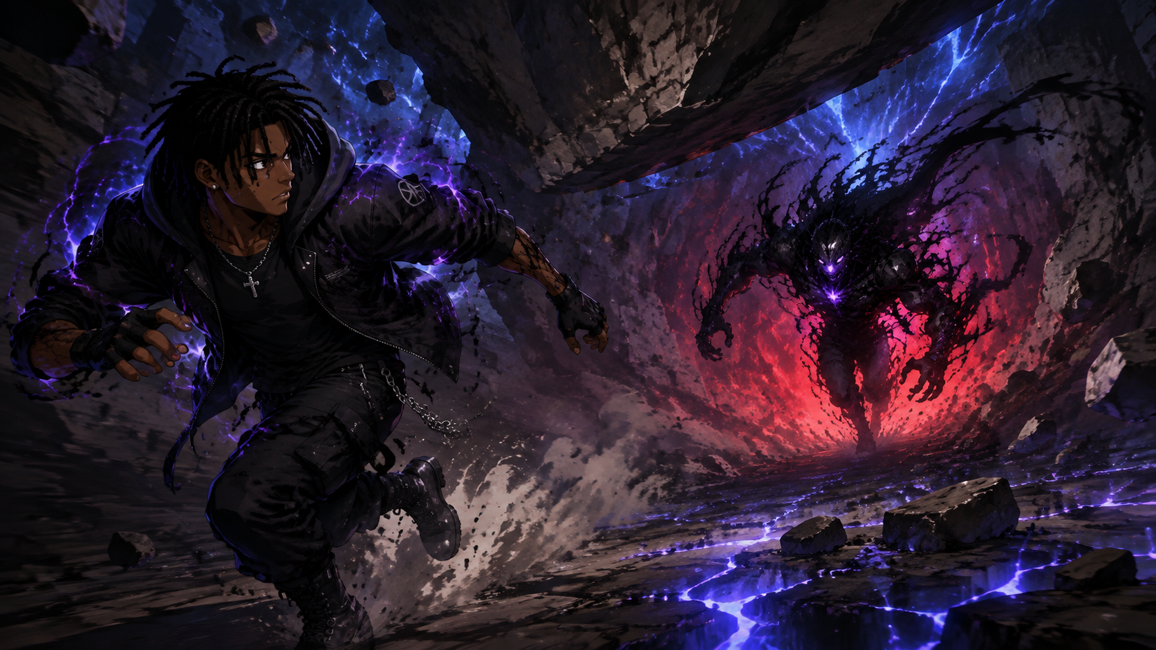 ZERO RANK — Episode 1: Rank Zero — page 3 panel 3: The monster charges. Malik Cross runs sideways instead of confronting it, drawing the creature beneath a weakened rock shelf.