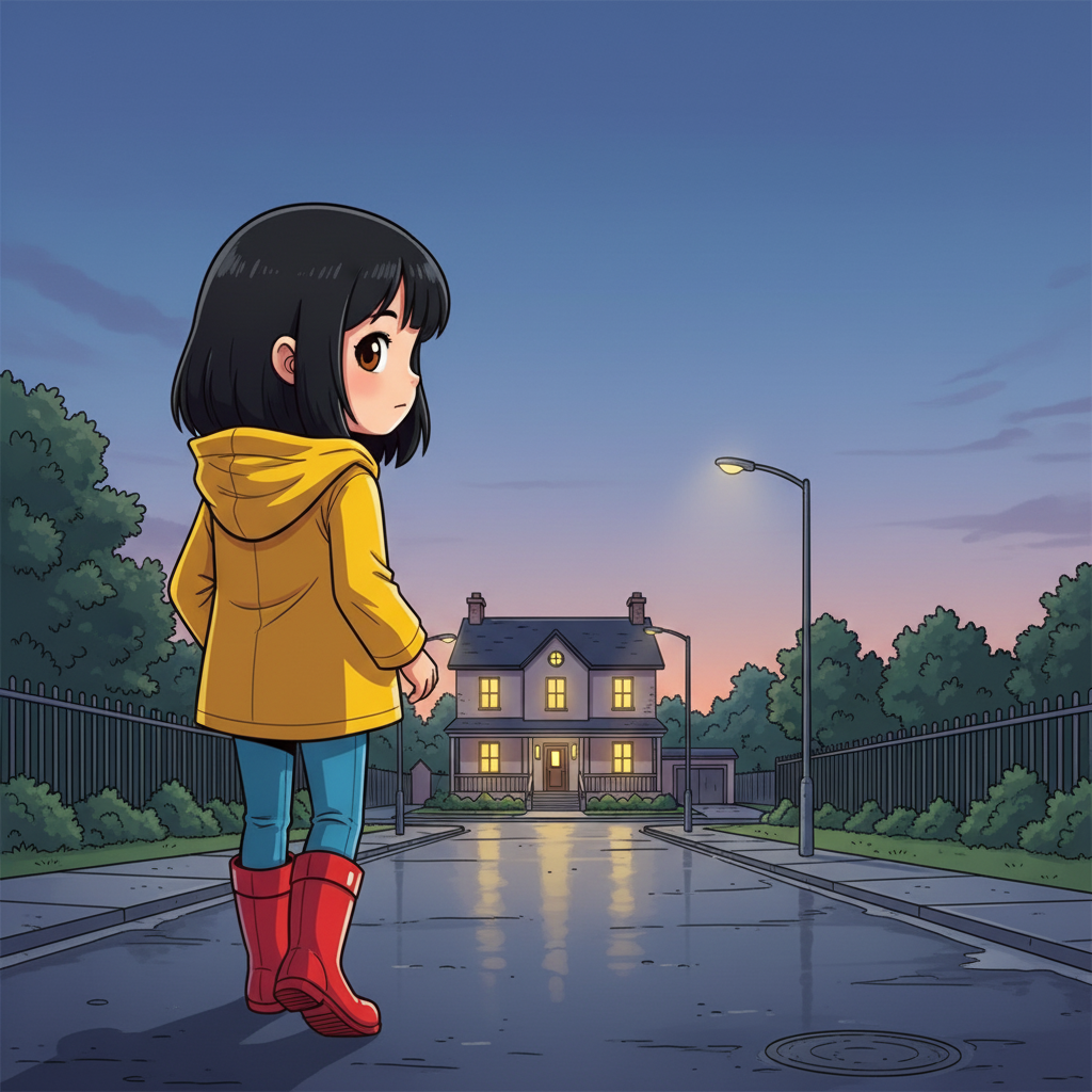 Maya and the Golden Paw — page 3 panel 4: Maya walks away into the twilight, leaving the warm glow of Mr. Henderson's house behind. The world feels a little brighter, a little more connected, because of her simple act of kindness.