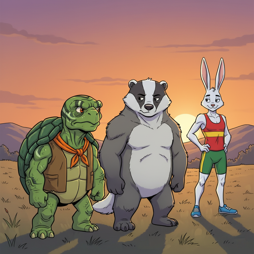 The Meadow Race: Slow and Steady Wins — page 3 panel 4: Later, as the sun sets, the Tortoise and Badger share a quiet, respectful glance. Hare watches from a distance, no longer boastful, but thoughtful. The meadow is peaceful, the lesson learned hanging in the air.