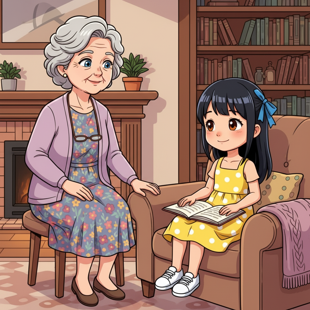 The Weaver of Worlds — page 3 panel 4: RESOLUTION: Back in her grandmother's living room, Emma sits quietly, her completed storybook resting gently in her lap. A soft smile plays on her lips, no longer just a quiet reader, but a confident weaver of worlds. Grandmother Elara watches from a distance, a knowing, proud smile on her face.