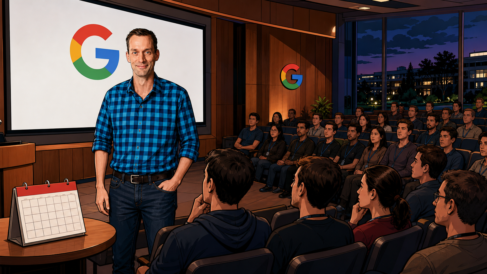 The Man Who Built Google's Brain — page 3 panel 4: On August 5, 2026, Jeff Dean stands before a Google audience and announces that he is leaving after twenty-seven years. The room falls silent.