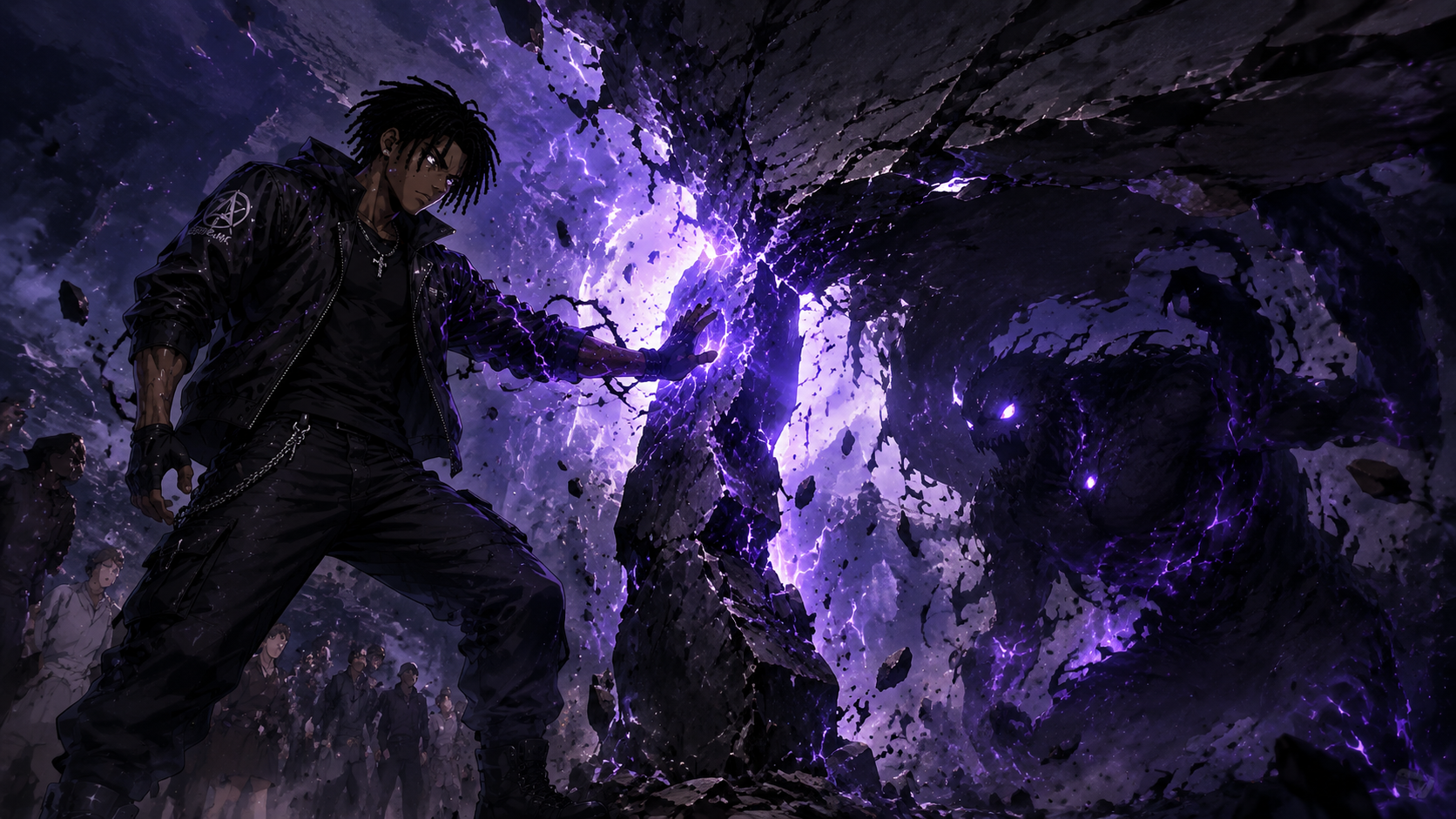 ZERO RANK — Episode 1: Rank Zero — page 3 panel 4: Malik Cross reaches the energy channel and strikes the fractured stone at the exact moment the monster arrives. The cavern erupts in light and falling debris.
