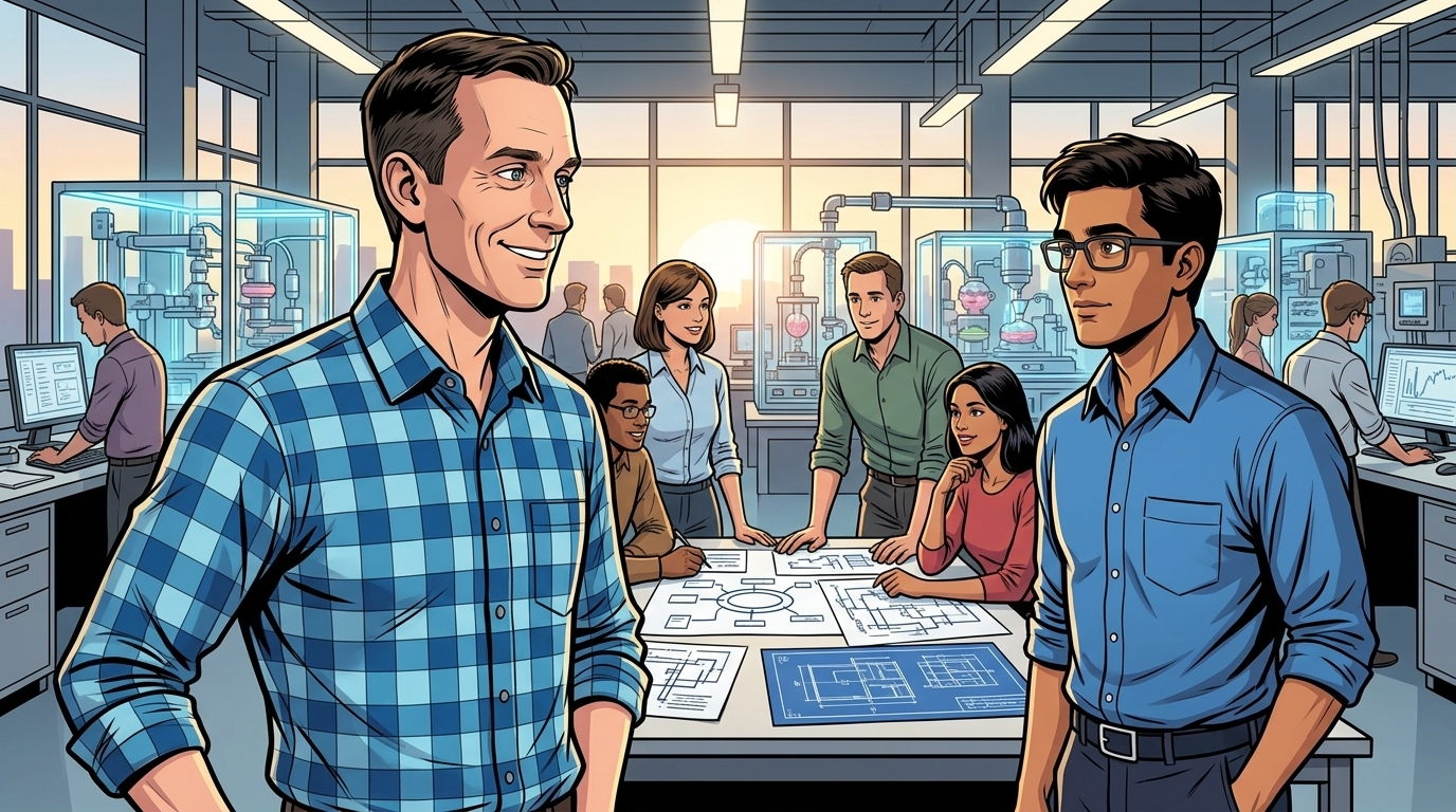 The Man Who Built Google's Brain — page 3 panel 6: Jeff Dean meets Sanjay Ghemawat and old friends again, now around a new table marked Discovery Loop. The next chapter begins with a larger ambition: automate science itself.
