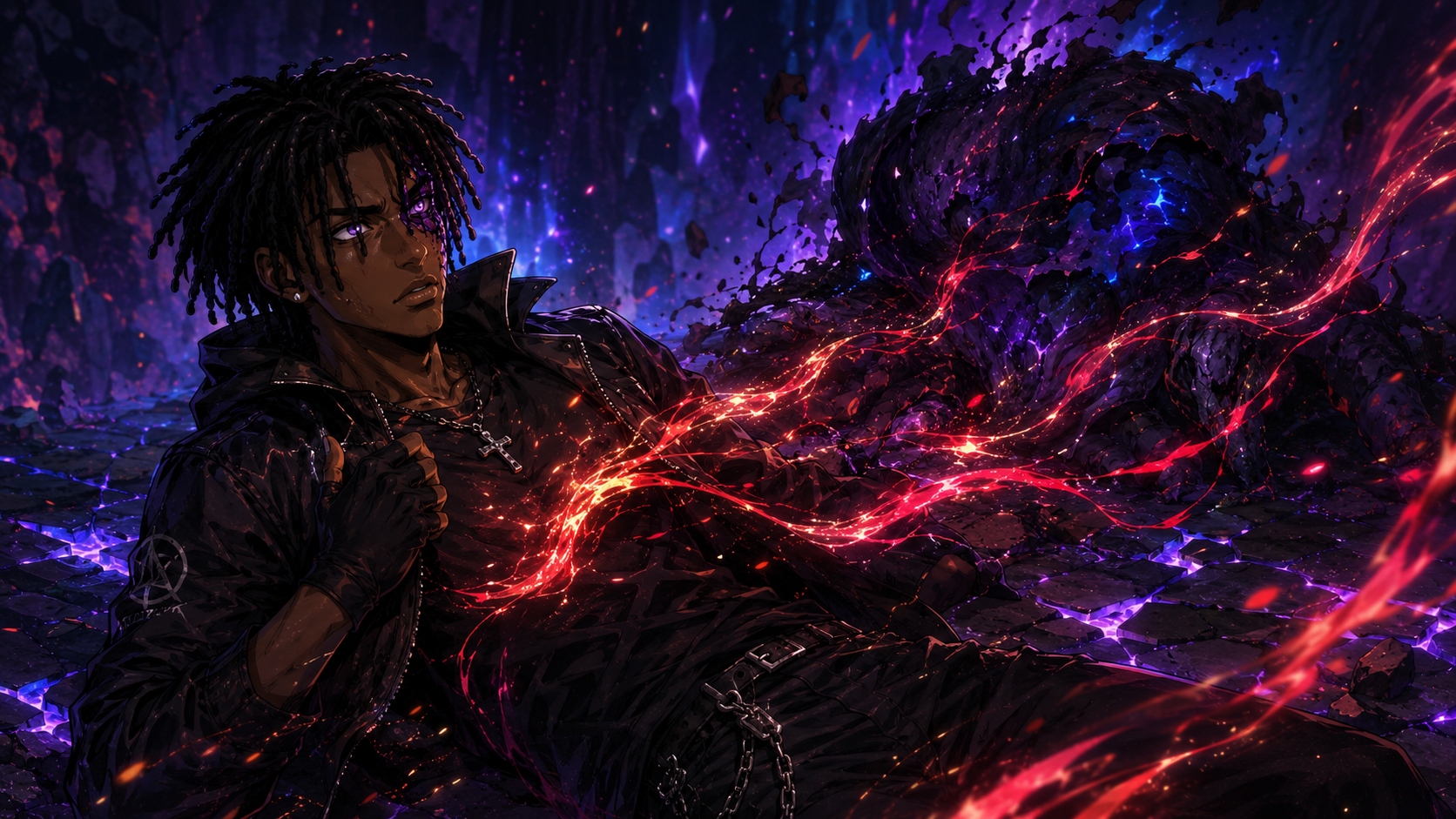 ZERO RANK — Episode 1: Rank Zero — page 3 panel 6: As Malik Cross lies beside the fallen creature, crimson energy leaves the monster and streams into his body. The first absorption begins.