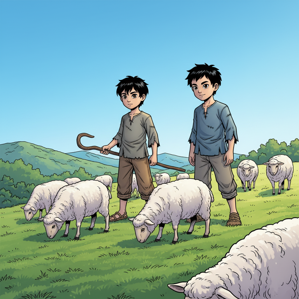 王二小智斗鬼子 — page 3 panel 1: 清晨的阳光洒满山坡，王二小和小明像往常一样，赶着羊群在草地上悠闲地吃草。王二小眼神中带着一丝沉思，而小明则显得更为放松，不时地哼着小曲。