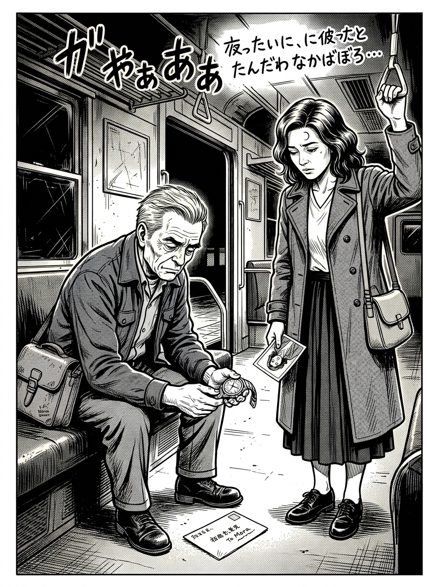 The Last Train — page 3 panel 1: Mara pulls Elias through the open doorway just before the moving train leaves the platform behind. Inside the dim carriage, Elias drops heavily into his seat. Beneath it, his battered satchel brushes against a sealed envelope addressed to Mara.