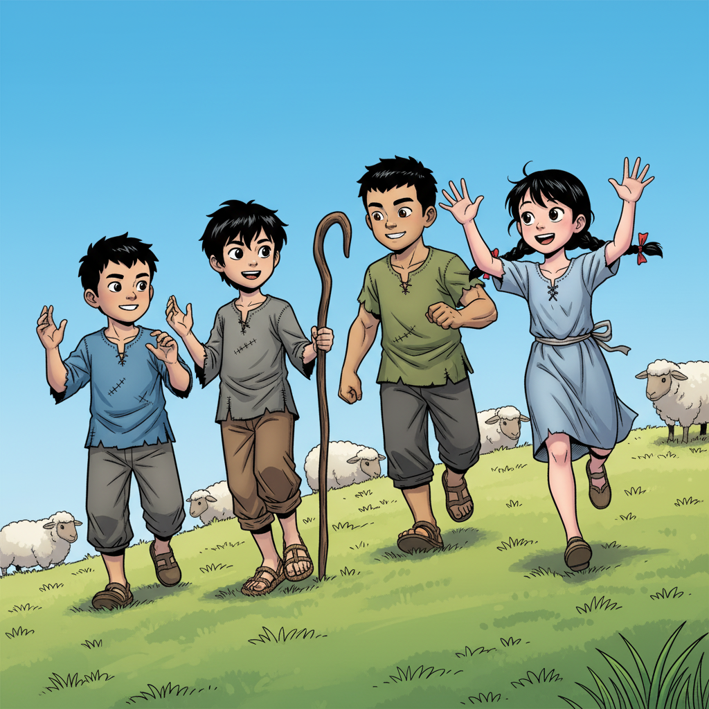 王二小智斗鬼子 — page 3 panel 2: 突然，远处传来一阵欢快的呼喊声，小芳和大牛，两个活泼的孩子，从山坡下跑了过来，脸上洋溢着天真的笑容，向王二小和小明招手。