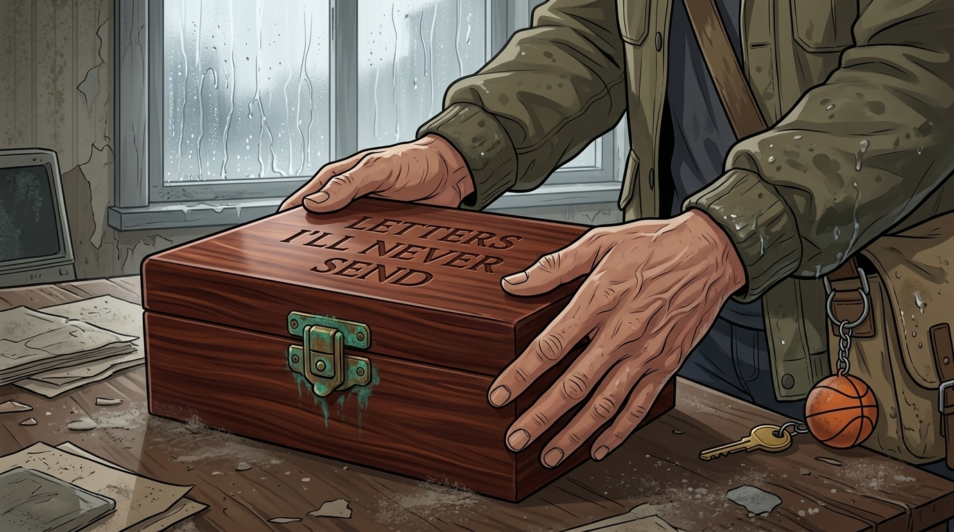 Letters I'll Never Send — Part One: Miles Between Us — page 3 panel 2: PB places the polished mahogany box on Sarah's desk, revealing its oxidized clasp and the carved title that has survived decades.