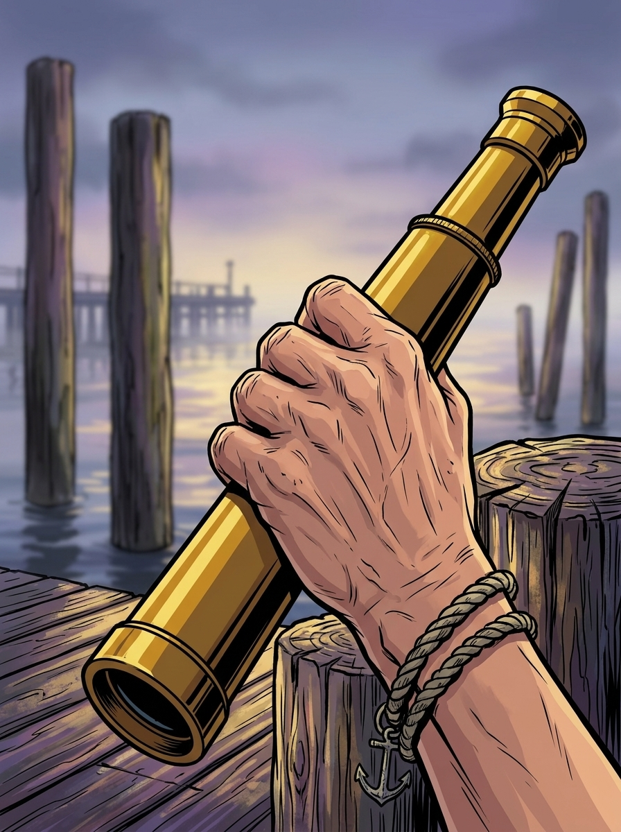 The Moving Sea — page 3 panel 2: A close detail of Captain Odessa's hand tightening around the brass telescope. Her knuckles are tense, and a faded rope bracelet hints at the ship she lost.
