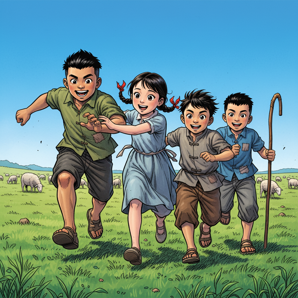 王二小智斗鬼子 — page 3 panel 3: 羊群被安置在一旁，四个孩子在宽阔的草地上玩起了“老鹰捉小鸡”。大牛扮演老鹰，小芳是母鸡，王二小和小明则成了小鸡。他们奔跑、躲闪，笑声在山谷间回荡。