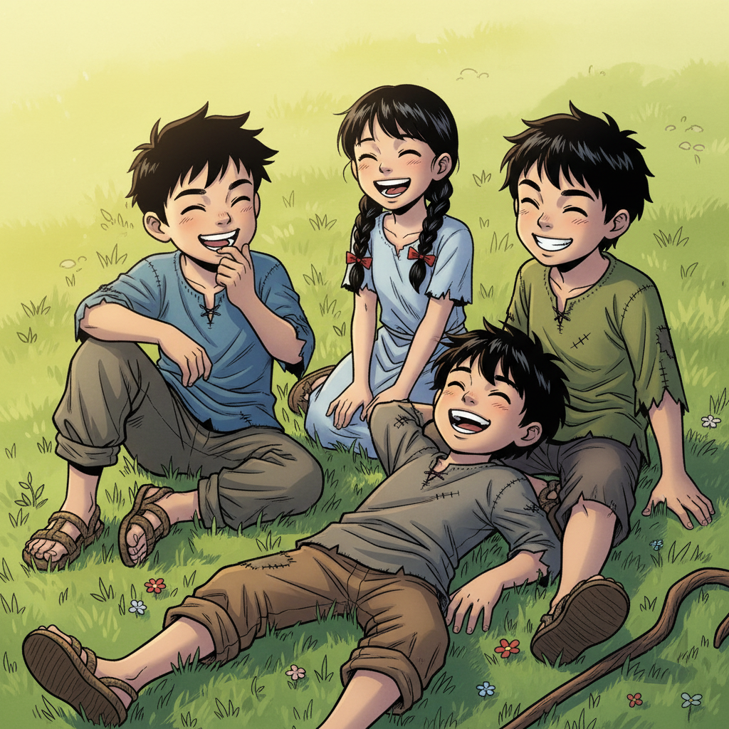 王二小智斗鬼子 — page 3 panel 5: 最终，大牛精疲力尽，倒在草地上，四个孩子围成一圈，笑得前仰后合。王二小的脸上，是久违的、发自内心的纯粹笑容。