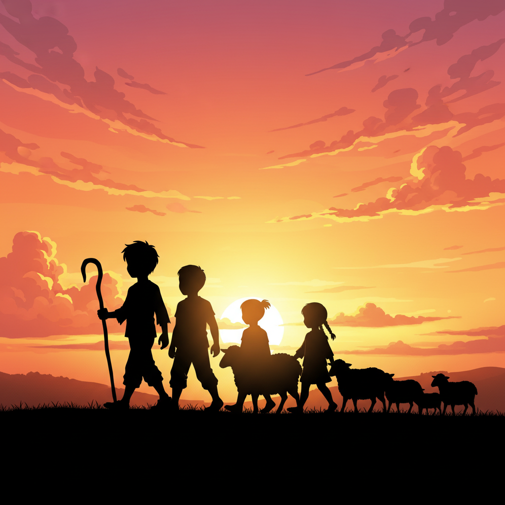 王二小智斗鬼子 — page 3 panel 6: 夕阳西下，金色的余晖洒满大地。王二小和小明赶着羊群，与小芳、大牛告别，一同走在回家的路上。他们的身影被拉得长长的，空气中弥漫着泥土和青草的芬芳。