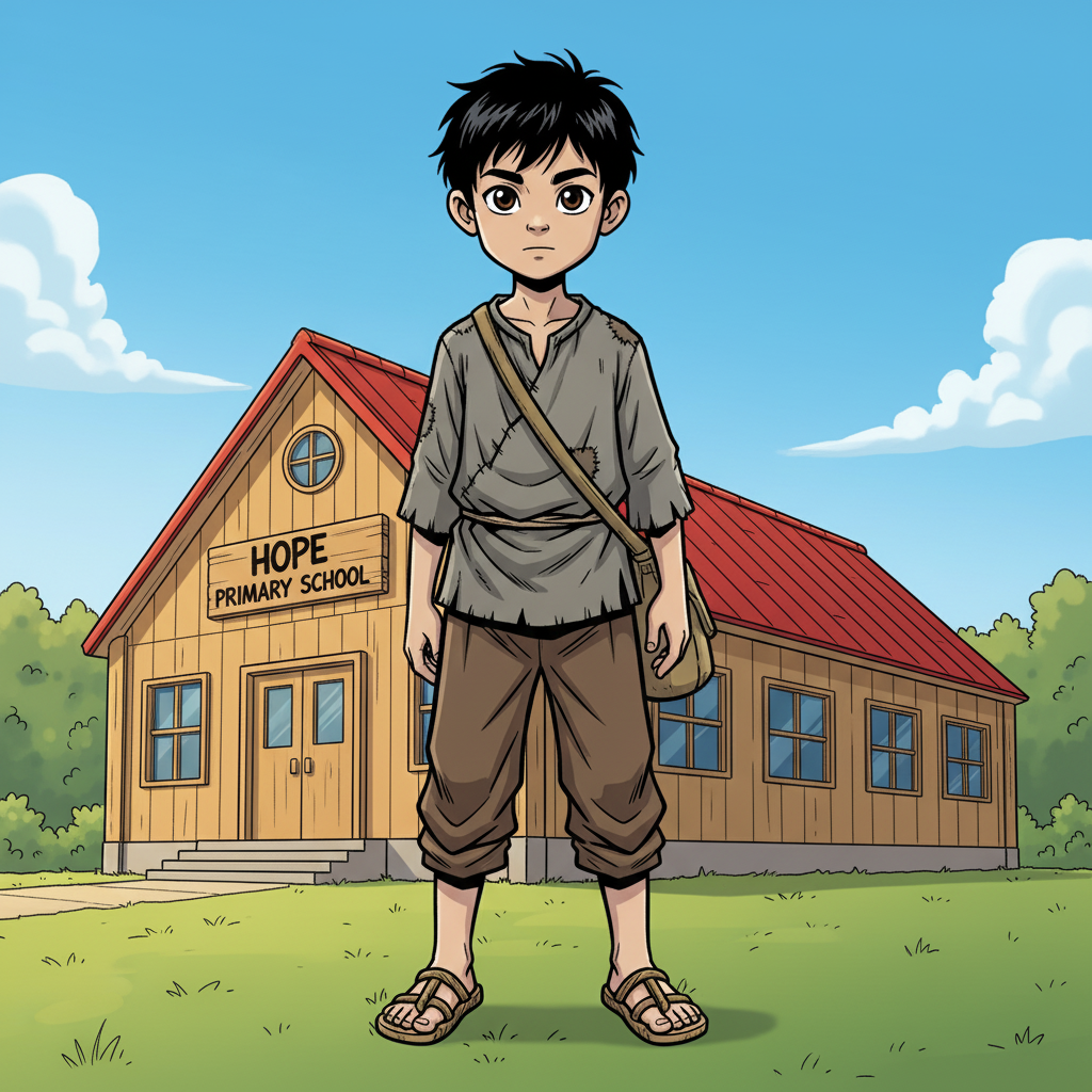 王二小智斗鬼子 — page 4 panel 1: 抗日战争胜利的号角响彻中华大地，硝烟散尽，和平的曙光照耀着每一个角落。在村庄不远处，一所简朴却充满生机的希望小学拔地而起。清晨，王二小背着简单的布书包，站在校门前，仰望着这片充满知识气息的新天地，眼中是前所未有的憧憬。