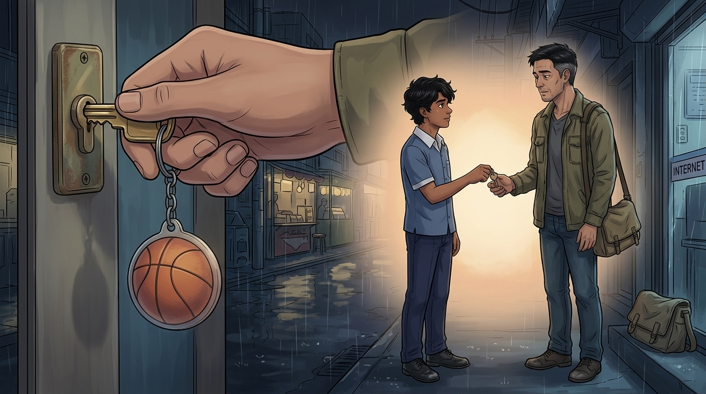 Letters I'll Never Send — Part One: Miles Between Us — page 4 panel 1: PB inserts the brass key attached to Ace's faded basketball keychain, and the old memory of Ace's rough kindness surfaces.