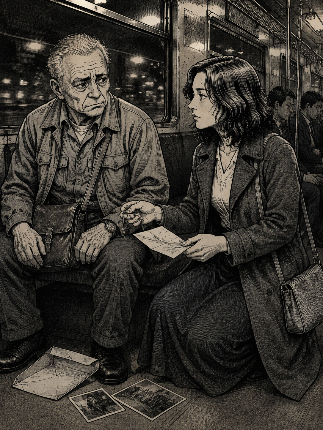 The Last Train — page 4 panel 1: Inside the dimly moving last train, Mara kneels beside Elias's seat and retrieves the sealed envelope from beneath it. She turns it over, seeing her name handwritten across the front, then carefully opens it. A small metal key slips into her palm beside a folded warning written in the unmistakable handwriting of Elias's estranged wife. Elias watches from the left, his face tightening with shame and fear. The train windows show blurred streetlamps and darkness, while their two fading photographs rest near their knees.