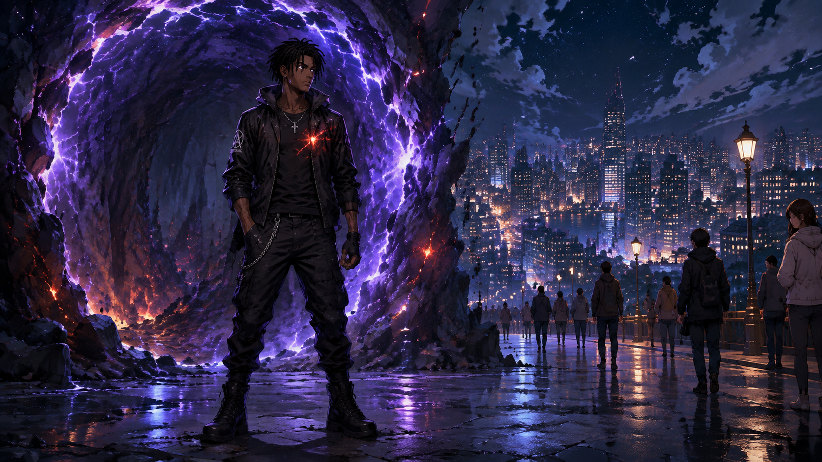 ZERO RANK — Episode 1: Rank Zero — page 4 panel 2: Malik Cross stands at the Gate's exit, barely able to remain standing after surviving his first real battle. He looks down at his trembling hands, confused by the strange energy now inside him. he survived, but he doesn't yet understand what Devour has done to him.